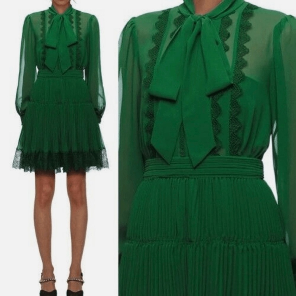 Self-Portrait Green Chiffon Mini Dress with Bow, Lace, and Pleat Details